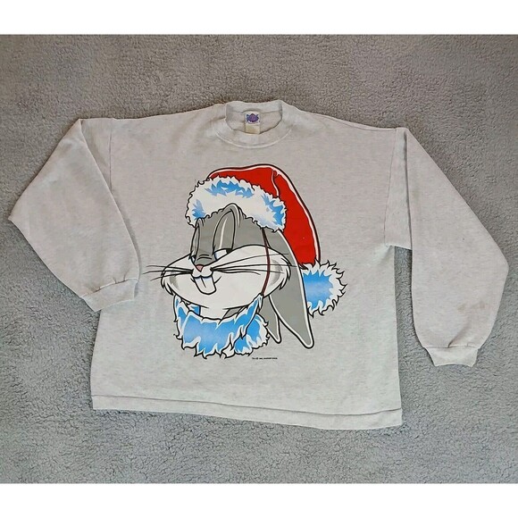 Vintage Bugs Bunny Christmas Santa Hat Sweatshirt Size Mens Large Gray USA - Picture 1 of 7